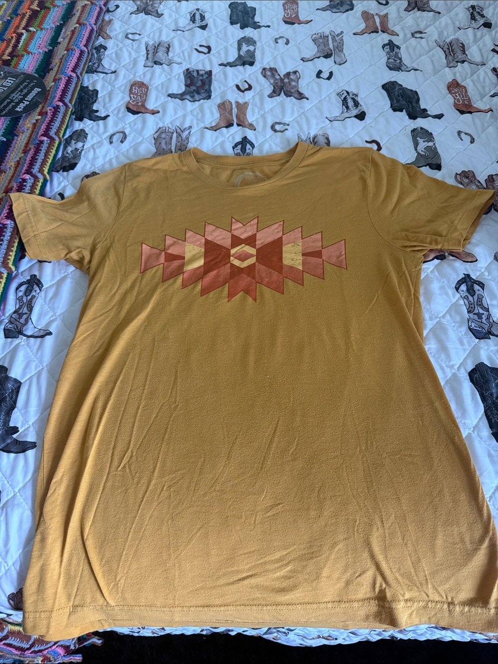 Ladies Mustard Geo-Print Crew Neck T-Shirt